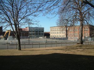 Looking towards Borden Street and South Main from what was once Mrs. Churchill’s property, next door to the Lizzie Borden B & B.