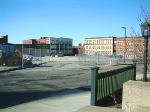 AFTER: Looking at what was the SERTA Bus Station at South Main Place Mall, Second Street, from the front step of the Lizzie Borden B & B.