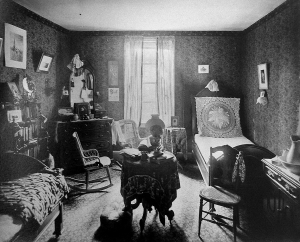 Photo dating from after 1880 of a dormitory room at Wheaton Female Seminary. Note that there are two beds in the room.