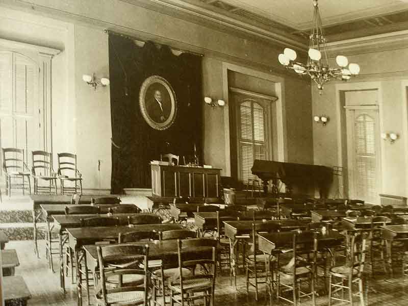Classroom in Mary Lyon Hall (formerly Seminary Hall) on the campus of what is now Wheaton College. This is the room where Emma attended classes in 1867-68. This photo dates from 1878-80 soon after the room was renovated.