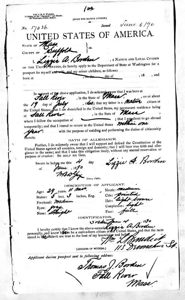 Lizzie Andrew Borden’s passport application.