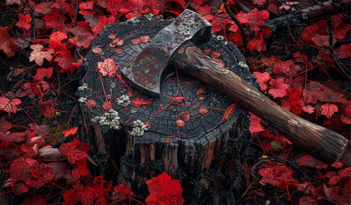 Hatchet on a stump in the woods.