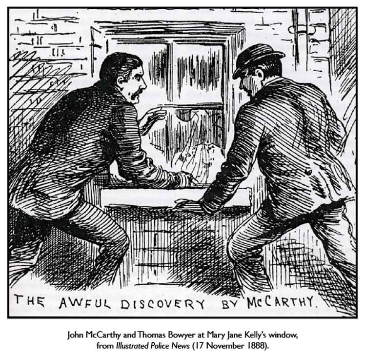 John McCarthy and Thomas Boyer at Mary Jane Kelly's window, from Illustrated Police News, 1888.