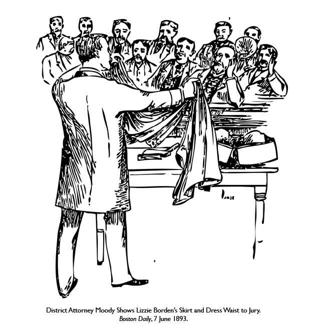 Moody shows Lizzie Borden's Skirt and Dress Waist to Jury, 1983.