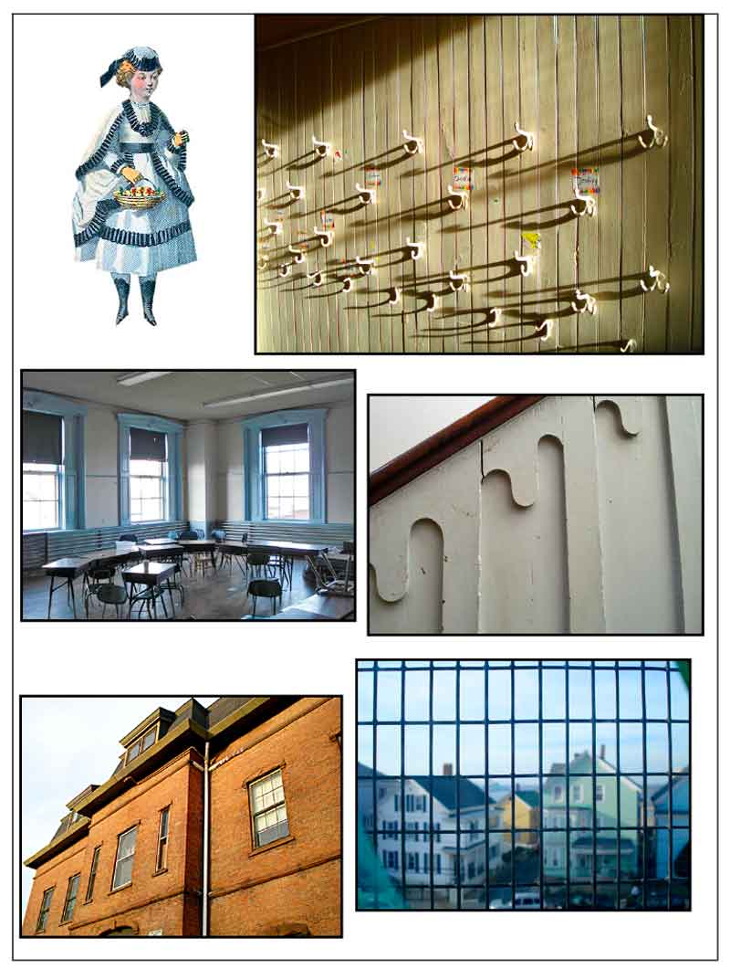 Top Left: Child’s outfit c. 1869. Top Right: Coat hooks on the abandoned wall of the old Morgan Street School. Middle Left: Empty classroom. Middle Right: Detail of the stairwell to top floor. Bottom Left: Exterior of the N.B. Borden School (formerly the Morgan Street School). Bottom Right: Looking out at Ridge Street in Fall River from the top floor of the school.