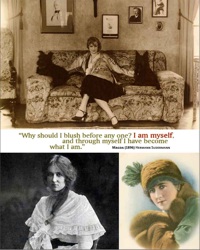 Top: Nance O’Neil and her scotties, date unknown. The photograph behind her to the right is of her husband, Alfred Hickman. To the left of her is thought by the family to be her father, George. From the private collection of Marie Cruzzetti-Lintz. Bottom left: Nance O’Neil, date unknown. Bottom right: Postcard of Nance O’Neil. From the private collection of Stefani Koorey.