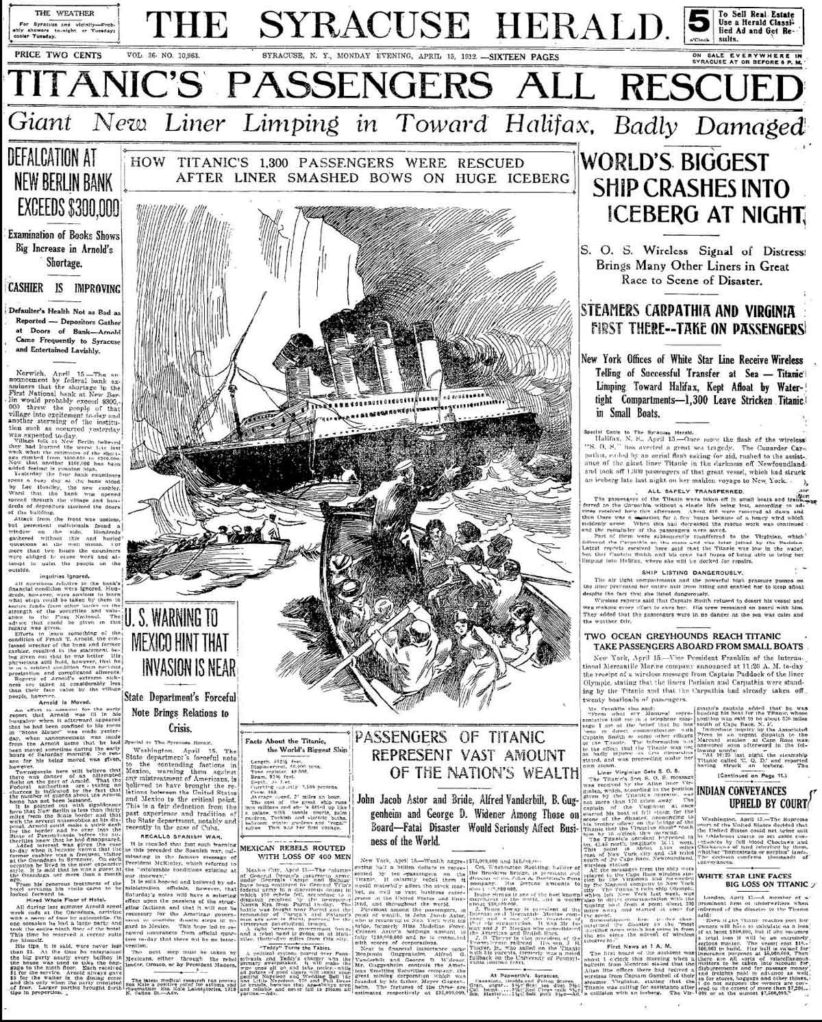Syracuse Herald stating all passengers on the Titanic were rescued.